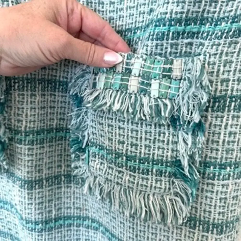TORY BURCH Bouclé Tweed‎ Mini Dress Green Fringe Trim Sleeveless Pockets Sz 8